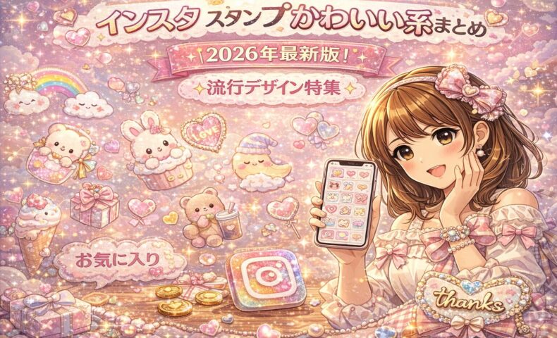 インスタ スタンプかわいい系まとめ2026年最新版のアイキャッチ画像。パステルピンク背景にハートやうさぎ、くまなどの可愛いスタンプが散りばめられ、スマホを持つ女性が笑顔で紹介しているデザイン。