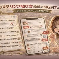 「インスタ リンク貼り方 投稿のNG例7選｜やってはいけない誘導方法」と大きく表示されたアイキャッチ画像。ゴールド基調のデザインで、中央にInstagram風の投稿画面があり、リンク付き投稿に赤い「NG」マークが複数重なっている。左側にはチェックリスト形式で「プロフィールにURLなし」「長文で圧が強い」「DM誘導ばかり」などのNG例が並び、右側には指差しポーズの女性イラストと「？！」マークが配置されている。