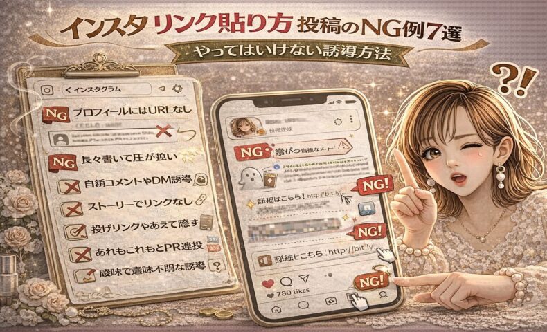 「インスタ リンク貼り方 投稿のNG例7選｜やってはいけない誘導方法」と大きく表示されたアイキャッチ画像。ゴールド基調のデザインで、中央にInstagram風の投稿画面があり、リンク付き投稿に赤い「NG」マークが複数重なっている。左側にはチェックリスト形式で「プロフィールにURLなし」「長文で圧が強い」「DM誘導ばかり」などのNG例が並び、右側には指差しポーズの女性イラストと「？！」マークが配置されている。