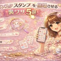 インスタ スタンプかわいいを倍増させる裏ワザ5選のアイキャッチ画像。パステルピンク背景にハートやうさぎのスタンプが散りばめられ、スマホを持つ女性が笑顔で紹介している。中央に大きな「5」の数字が強調されているデザイン。