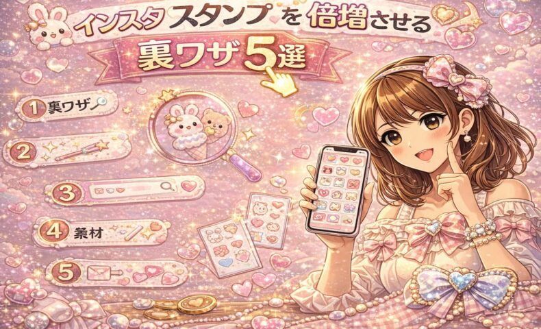 インスタ スタンプかわいいを倍増させる裏ワザ5選のアイキャッチ画像。パステルピンク背景にハートやうさぎのスタンプが散りばめられ、スマホを持つ女性が笑顔で紹介している。中央に大きな「5」の数字が強調されているデザイン。