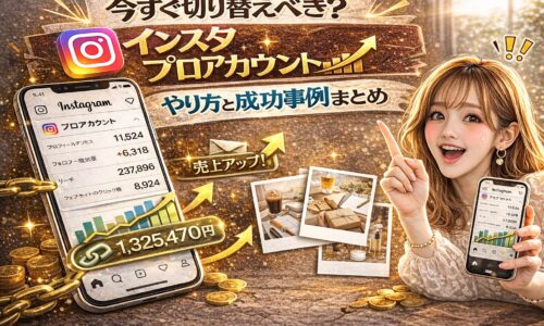 「今すぐ切り替えるべき？インスタ プロアカウントやり方と成功事例まとめ」と大きく表示されたアイキャッチ画像。ゴールド基調の背景に、右肩上がりのグラフや売上金額表示、成功事例を示す写真が配置されている。スマートフォンにInstagramの分析画面が表示され、女性が指を立てて解説している構図。