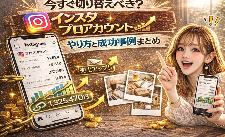 「今すぐ切り替えるべき？インスタ プロアカウントやり方と成功事例まとめ」と大きく表示されたアイキャッチ画像。ゴールド基調の背景に、右肩上がりのグラフや売上金額表示、成功事例を示す写真が配置されている。スマートフォンにInstagramの分析画面が表示され、女性が指を立てて解説している構図。
