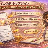 インスタ キャプション おしゃれに見せる改行と絵文字の法則をテーマに、スマホ画面の投稿例と改行・絵文字のポイントを示したチェックリスト、華やかな演出を組み合わせたアイキャッチ画像