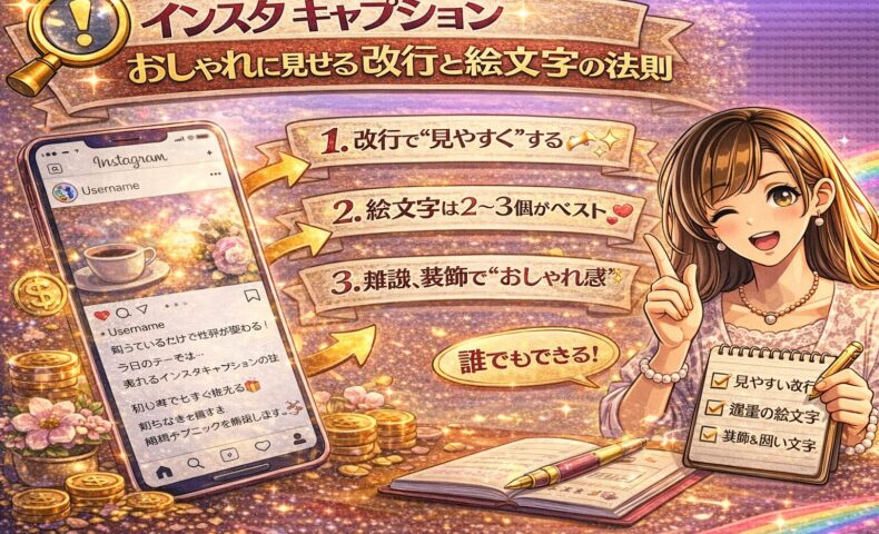 インスタ キャプション おしゃれに見せる改行と絵文字の法則をテーマに、スマホ画面の投稿例と改行・絵文字のポイントを示したチェックリスト、華やかな演出を組み合わせたアイキャッチ画像