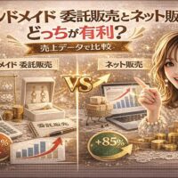「ハンドメイド委託販売とネット販売どっちが有利？売上データで比較」と大きく表示されたアイキャッチ画像。中央にVSマークがあり、左側にハンドメイド委託販売（アクセサリー展示・電卓・売上マイナス30％表示）、右側にネット販売（ノートパソコン・カート・売上プラス85％表示）が対比されている。ゴールド基調で、指差しポーズの女性が解説している構図。
