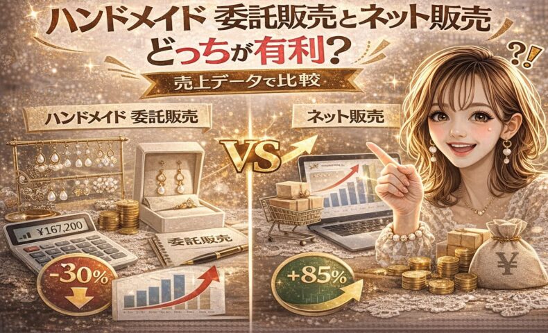 「ハンドメイド委託販売とネット販売どっちが有利？売上データで比較」と大きく表示されたアイキャッチ画像。中央にVSマークがあり、左側にハンドメイド委託販売（アクセサリー展示・電卓・売上マイナス30％表示）、右側にネット販売（ノートパソコン・カート・売上プラス85％表示）が対比されている。ゴールド基調で、指差しポーズの女性が解説している構図。