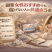 「副業 女性おすすめでも稼げない人の共通点5選」と大きく表示されたアイキャッチ画像。ゴールドとブラウンを基調に、パソコンの売上グラフ、電卓、コイン、丸められた紙、悩んだ表情でスマホを見る女性が配置されている。左側には「短期で大きく稼ぎたい」「時間を確保できない」「リサーチしない」「すぐ諦める」などのチェックリストが表示されたデザイン。