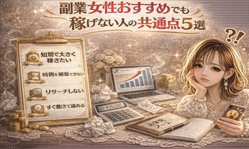 「副業 女性おすすめでも稼げない人の共通点5選」と大きく表示されたアイキャッチ画像。ゴールドとブラウンを基調に、パソコンの売上グラフ、電卓、コイン、丸められた紙、悩んだ表情でスマホを見る女性が配置されている。左側には「短期で大きく稼ぎたい」「時間を確保できない」「リサーチしない」「すぐ諦める」などのチェックリストが表示されたデザイン。