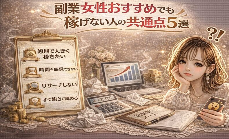 「副業 女性おすすめでも稼げない人の共通点5選」と大きく表示されたアイキャッチ画像。ゴールドとブラウンを基調に、パソコンの売上グラフ、電卓、コイン、丸められた紙、悩んだ表情でスマホを見る女性が配置されている。左側には「短期で大きく稼ぎたい」「時間を確保できない」「リサーチしない」「すぐ諦める」などのチェックリストが表示されたデザイン。