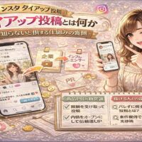 インスタタイアップ投稿の仕組みを解説するアイキャッチ画像。スマホ画面にPR投稿の例が表示され、企業⇄インフルエンサーの関係図やお金・チェックマークのアイコンが配置されたデザイン。