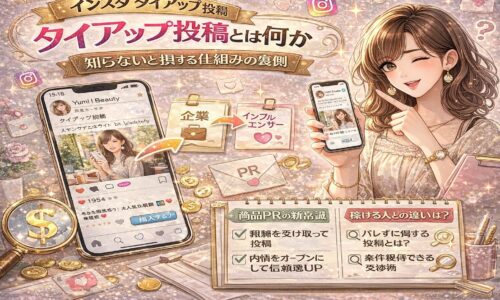 インスタタイアップ投稿の仕組みを解説するアイキャッチ画像。スマホ画面にPR投稿の例が表示され、企業⇄インフルエンサーの関係図やお金・チェックマークのアイコンが配置されたデザイン。