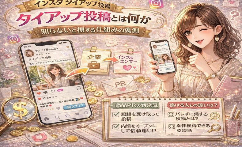 インスタタイアップ投稿の仕組みを解説するアイキャッチ画像。スマホ画面にPR投稿の例が表示され、企業⇄インフルエンサーの関係図やお金・チェックマークのアイコンが配置されたデザイン。
