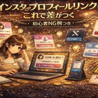 インスタ プロフィールリンクで差がつく方法を解説するアイキャッチ画像。暗い宇宙空間に吸い込まれるリンク画面と「初心者NG例」の警告表示。スマホを持った女性が悩む構図で、リンク設計の重要性を表現している。