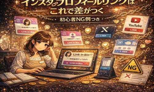 インスタ プロフィールリンクで差がつく方法を解説するアイキャッチ画像。暗い宇宙空間に吸い込まれるリンク画面と「初心者NG例」の警告表示。スマホを持った女性が悩む構図で、リンク設計の重要性を表現している。