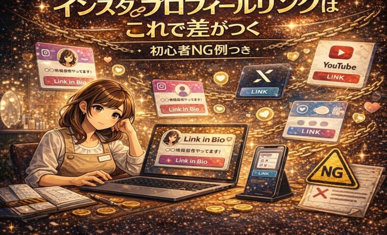 インスタ プロフィールリンクで差がつく方法を解説するアイキャッチ画像。暗い宇宙空間に吸い込まれるリンク画面と「初心者NG例」の警告表示。スマホを持った女性が悩む構図で、リンク設計の重要性を表現している。
