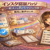 インスタ認証バッジ 一般人でも青バッジは可能かをテーマに、スマホのプロフィール画面と青バッジ、費用アイコン、身分証、チェックリストを配置した解説型アイキャッチ画像