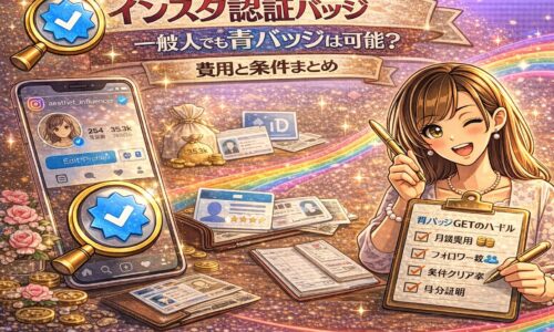 インスタ認証バッジ 一般人でも青バッジは可能かをテーマに、スマホのプロフィール画面と青バッジ、費用アイコン、身分証、チェックリストを配置した解説型アイキャッチ画像