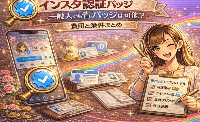 インスタ認証バッジ 一般人でも青バッジは可能かをテーマに、スマホのプロフィール画面と青バッジ、費用アイコン、身分証、チェックリストを配置した解説型アイキャッチ画像