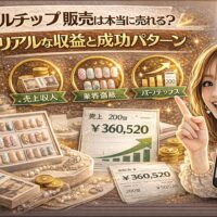 「ネイルチップ 販売は本当に売れる？リアルな収益と成功パターン」と大きく表示されたアイキャッチ画像。ゴールド基調の背景に、ネイルチップのディスプレイケース、売上36万円超のグラフ、積まれた現金とコイン、成功アイコン、スマートフォンで売上画面を見せる女性が描かれている。