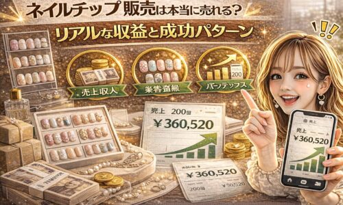 「ネイルチップ 販売は本当に売れる？リアルな収益と成功パターン」と大きく表示されたアイキャッチ画像。ゴールド基調の背景に、ネイルチップのディスプレイケース、売上36万円超のグラフ、積まれた現金とコイン、成功アイコン、スマートフォンで売上画面を見せる女性が描かれている。