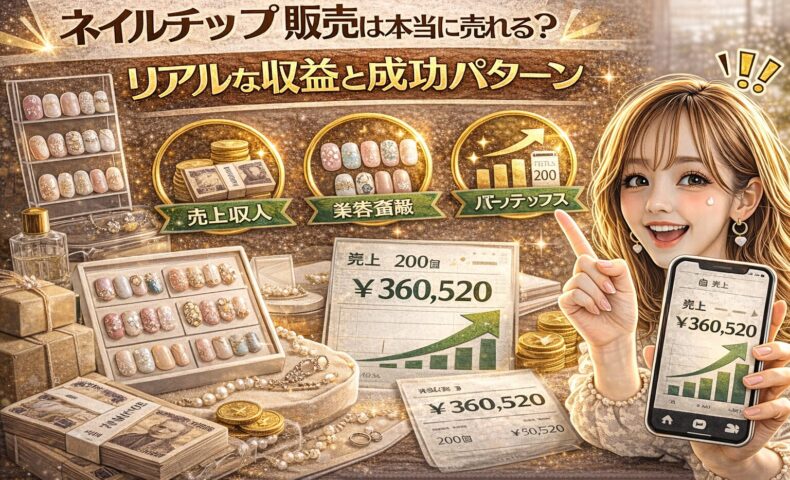 「ネイルチップ 販売は本当に売れる？リアルな収益と成功パターン」と大きく表示されたアイキャッチ画像。ゴールド基調の背景に、ネイルチップのディスプレイケース、売上36万円超のグラフ、積まれた現金とコイン、成功アイコン、スマートフォンで売上画面を見せる女性が描かれている。