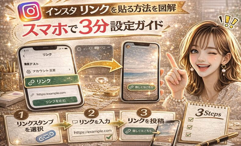 「インスタ リンクを貼る方法を図解｜スマホで3分設定ガイド」と大きく表示されたアイキャッチ画像。ゴールド基調の背景に、スマートフォン画面でリンクスタンプを設定する手順が①リンクスタンプを選択 ②リンクを入力 ③リンクを投稿 の3ステップで図解されている。右側には指差しポーズの女性が配置され、分かりやすさを強調しているデザイン。