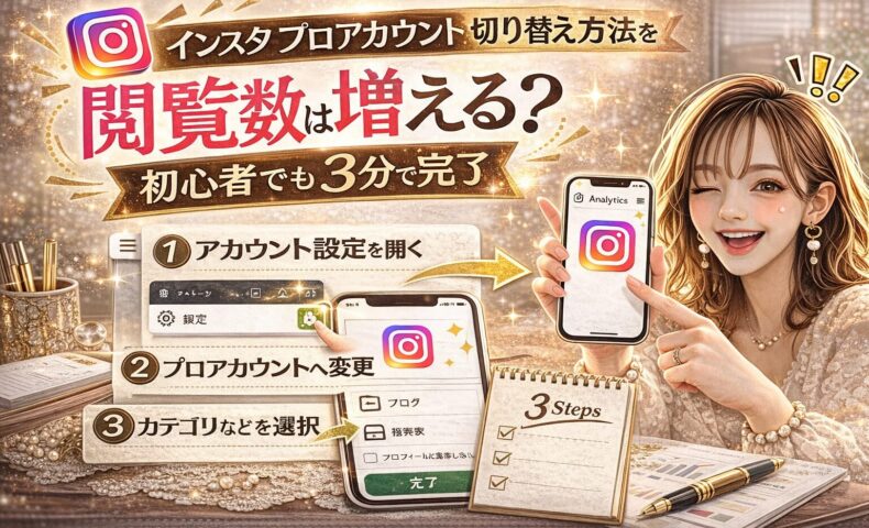 「インスタ プロアカウント切り替え方法を図解｜初心者でも3分で完了」と大きく表示されたアイキャッチ画像。ゴールド基調のデザインで、スマートフォン画面にインスタ設定画面とプロアカウント変更手順が表示され、①アカウント設定を開く ②プロアカウントへ変更 ③カテゴリを選択 の3ステップが図解されている。スマホを持つ女性が指差しポーズで説明している構図。