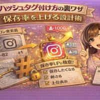 ハッシュタグ付け方の裏ワザと保存率を上げる設計術をテーマに、ハッシュタグ記号と設計図、上昇矢印、スマホ画面を背景に女性が解説しているインスタ戦略系アイキャッチ画像