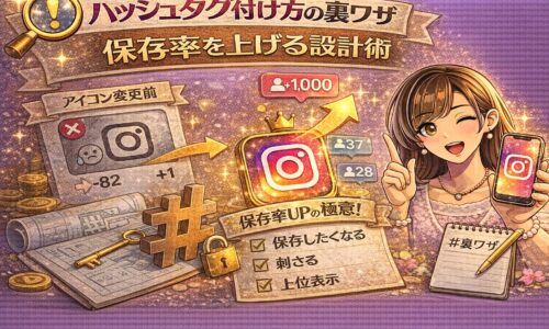 ハッシュタグ付け方の裏ワザと保存率を上げる設計術をテーマに、ハッシュタグ記号と設計図、上昇矢印、スマホ画面を背景に女性が解説しているインスタ戦略系アイキャッチ画像