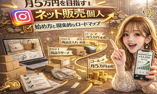 「月5万円を目指す|ネット販売 始め方と現実的なロードマップ」と大きく表示されたアイキャッチ画像。ゴールド基調の背景に、ステップ形式のロードマップ、段ボールや梱包資材、ノートパソコンのEC画面、売上グラフ付きスマートフォンが描かれている。女性が指を立てて目標達成を示しているデザイン。