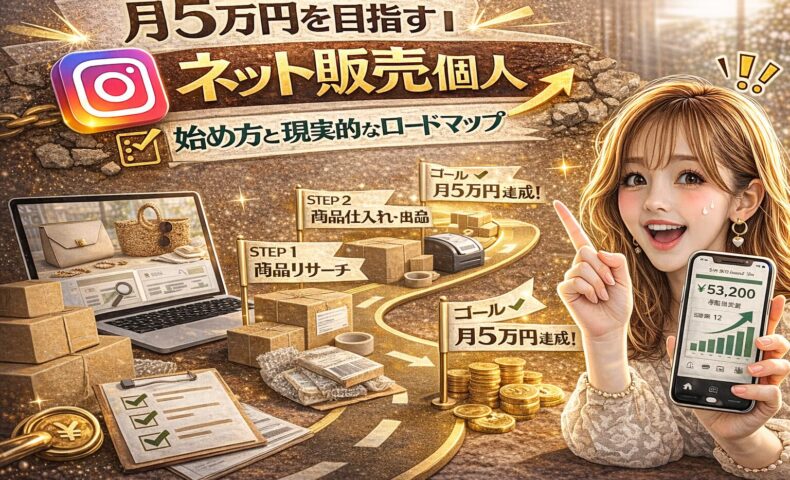 「月5万円を目指す｜ネット販売 始め方と現実的なロードマップ」と大きく表示されたアイキャッチ画像。ゴールド基調の背景に、ステップ形式のロードマップ、段ボールや梱包資材、ノートパソコンのEC画面、売上グラフ付きスマートフォンが描かれている。女性が指を立てて目標達成を示しているデザイン。