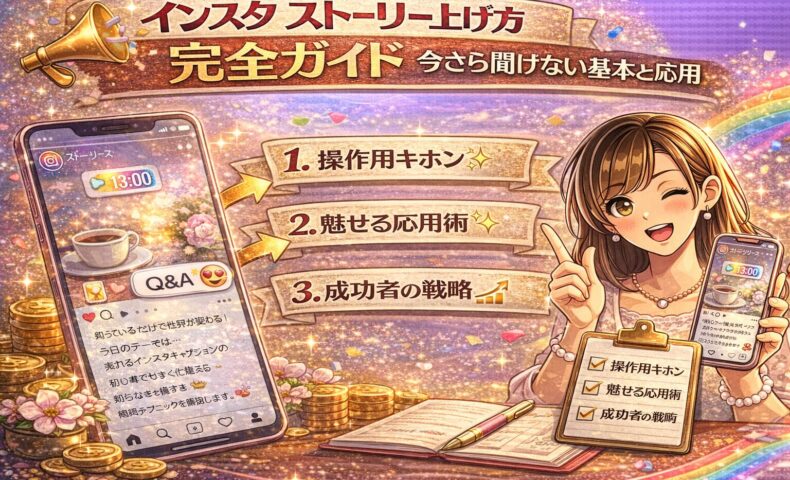 インスタ ストーリー上げ方完全ガイドをテーマに、スマホのストーリー投稿画面と基本・応用ステップのチェックリスト、華やかな演出を組み合わせた解説型アイキャッチ画像