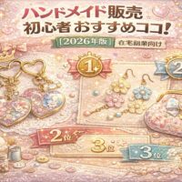 ハンドメイド販売 初心者 おすすめランキング2026年版のアイキャッチ画像。パステル背景にレジンアクセサリーや花モチーフのピアス、布小物が並び、1位・2位・3位の順位バッジが表示されている在宅副業向けデザイン。