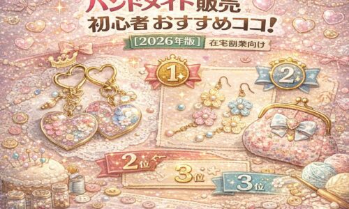 ハンドメイド販売 初心者 おすすめランキング2026年版のアイキャッチ画像。パステル背景にレジンアクセサリーや花モチーフのピアス、布小物が並び、1位・2位・3位の順位バッジが表示されている在宅副業向けデザイン。