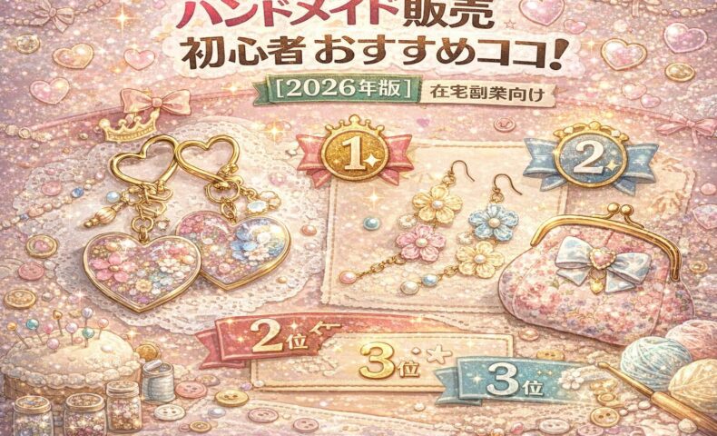 ハンドメイド販売 初心者 おすすめランキング2026年版のアイキャッチ画像。パステル背景にレジンアクセサリーや花モチーフのピアス、布小物が並び、1位・2位・3位の順位バッジが表示されている在宅副業向けデザイン。
