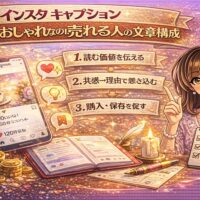 インスタ キャプション おしゃれなのに売れる人の文章構成をテーマに、スマホ画面の投稿文と売上上昇を示すコインや矢印、悩む女性と成功イメージを対比した戦略型アイキャッチ画像