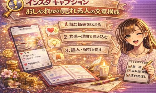 インスタ キャプション おしゃれなのに売れる人の文章構成をテーマに、スマホ画面の投稿文と売上上昇を示すコインや矢印、悩む女性と成功イメージを対比した戦略型アイキャッチ画像