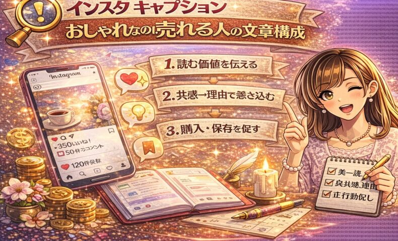 インスタ キャプション おしゃれなのに売れる人の文章構成をテーマに、スマホ画面の投稿文と売上上昇を示すコインや矢印、悩む女性と成功イメージを対比した戦略型アイキャッチ画像