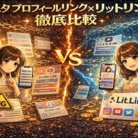 インスタ プロフィールリンクとリットリンクを徹底比較するアイキャッチ画像。中央にVSの稲妻エフェクト、左にNG警告付きの通常リンク画面、右にLit.Linkの洗練されたリンク画面を持つ女性。ゴールド×ダーク宇宙背景で対決構図を強調している。