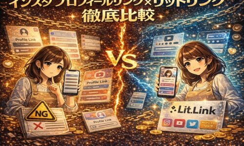 インスタ プロフィールリンクとリットリンクを徹底比較するアイキャッチ画像。中央にVSの稲妻エフェクト、左にNG警告付きの通常リンク画面、右にLit.Linkの洗練されたリンク画面を持つ女性。ゴールド×ダーク宇宙背景で対決構図を強調している。