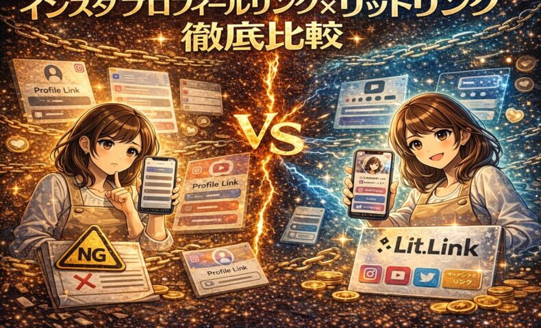 インスタ プロフィールリンクとリットリンクを徹底比較するアイキャッチ画像。中央にVSの稲妻エフェクト、左にNG警告付きの通常リンク画面、右にLit.Linkの洗練されたリンク画面を持つ女性。ゴールド×ダーク宇宙背景で対決構図を強調している。