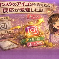 インスタのアイコン変更前後を比較し、フォロワー増加+1000と上昇矢印が描かれた反応激変をテーマにしたアイキャッチ画像