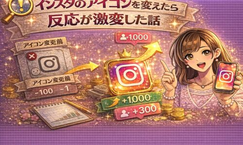 インスタのアイコン変更前後を比較し、フォロワー増加+1000と上昇矢印が描かれた反応激変をテーマにしたアイキャッチ画像