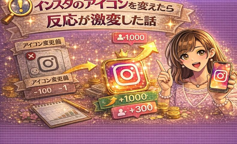 インスタのアイコン変更前後を比較し、フォロワー増加＋1000と上昇矢印が描かれた反応激変をテーマにしたアイキャッチ画像