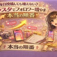 毎日投稿しても増えないと悩む女性が、インスタフォロワー増加の本当の順番を示す上昇矢印とスマホ画面を指差している、キラキラしたゴールドとピンク基調のアイキャッチ画像