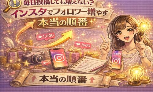 毎日投稿しても増えないと悩む女性が、インスタフォロワー増加の本当の順番を示す上昇矢印とスマホ画面を指差している、キラキラしたゴールドとピンク基調のアイキャッチ画像
