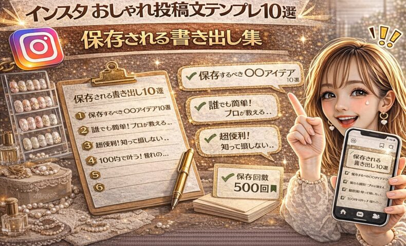 「インスタ おしゃれ投稿文テンプレ10選｜保存される書き出し集」と大きく表示されたアイキャッチ画像。ゴールド基調の背景に、チェックリスト付きのテンプレート用紙、保存回数500回の表示、Instagram風の投稿画面、ネイルチップのディスプレイ、スマートフォンを持つ女性が描かれている。