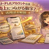リーチしたアカウントは売上につながる数字かをテーマに、スマホのインサイト画面と売上金額+420万円、上昇グラフ、金貨を背景に女性が解説しているインスタ分析系アイキャッチ画像