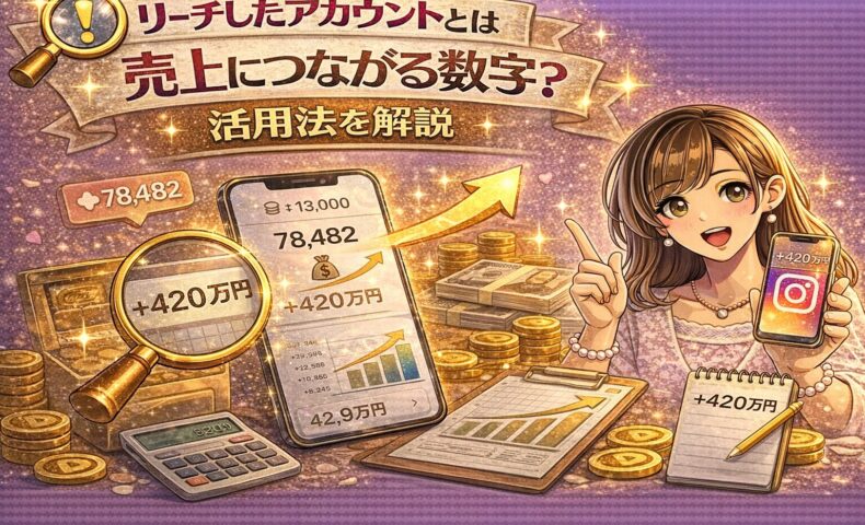 リーチしたアカウントは売上につながる数字かをテーマに、スマホのインサイト画面と売上金額＋420万円、上昇グラフ、金貨を背景に女性が解説しているインスタ分析系アイキャッチ画像